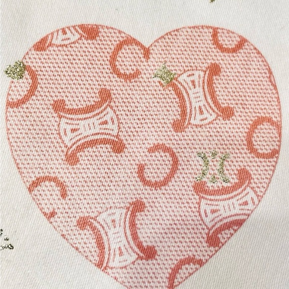 CELINE Cotton Scarf TRIOMPHE Logo White w/Pink Hearts 19" x 19" Kerchief w/Box - Picture 10 of 10